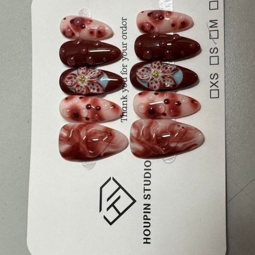 Handmade Press On Nails Maroon‎ Floral Almond False Nails Set